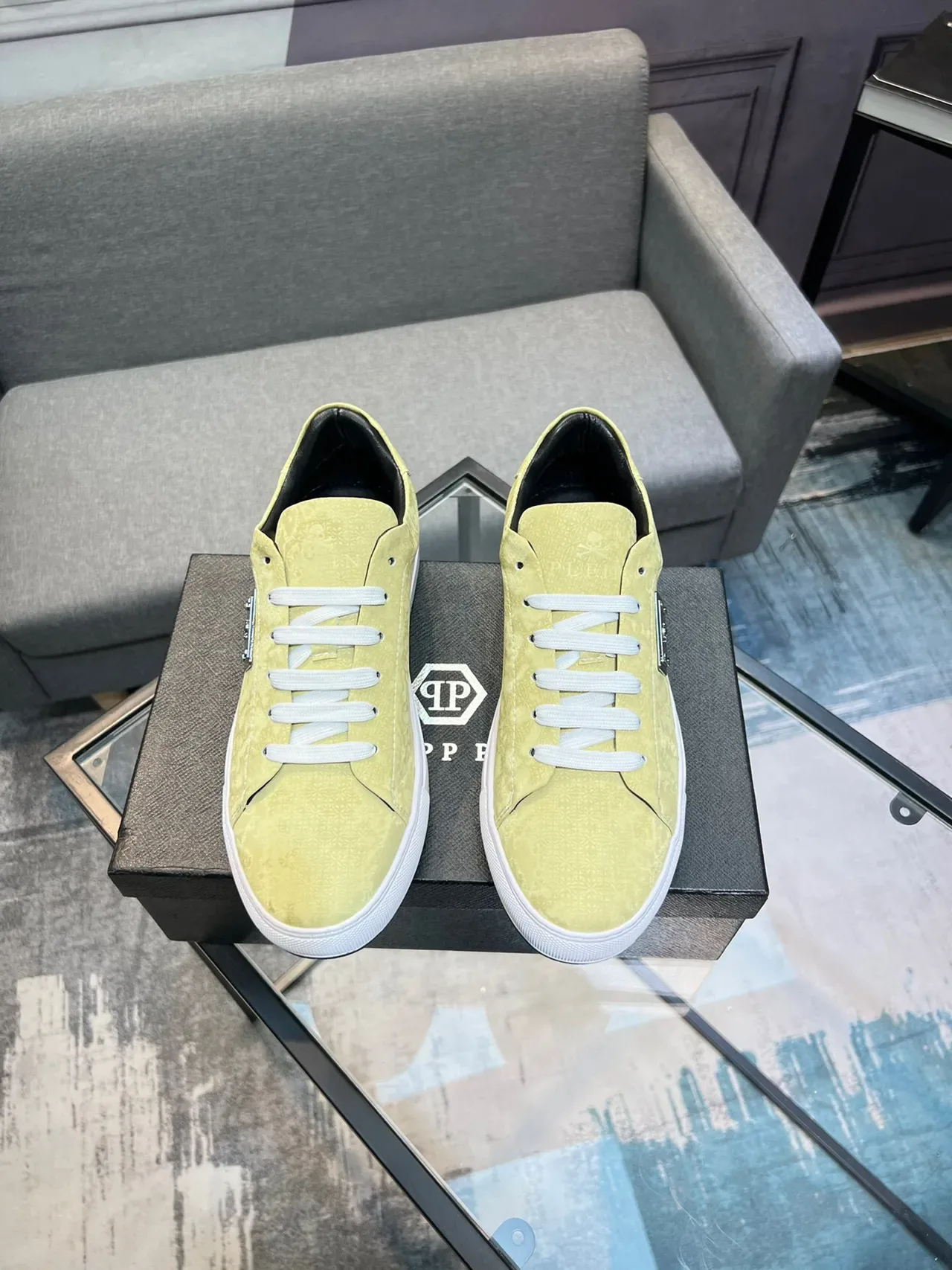 Philipp Plein Yellow White Textured Upper Laces Lifestyle Sneakers 2