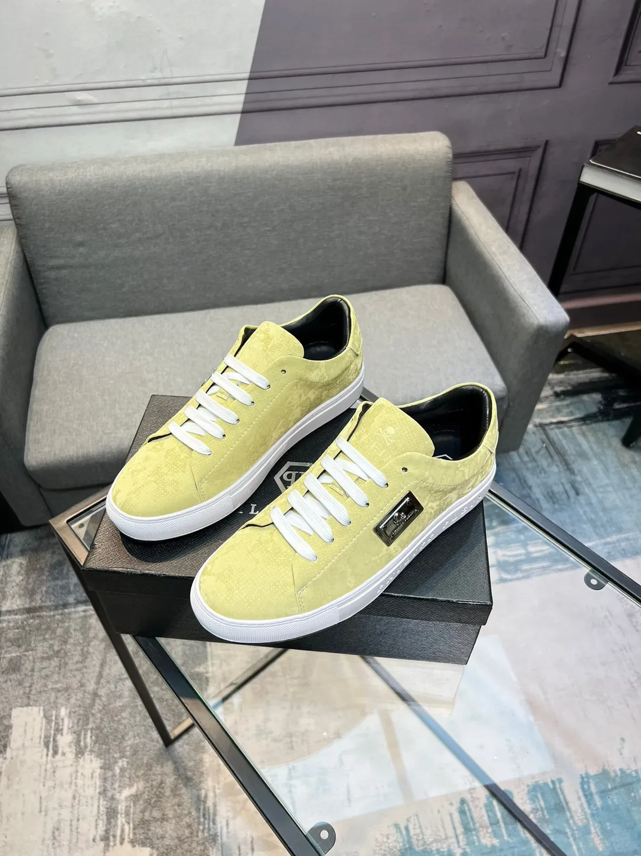 Philipp Plein Yellow White Textured Upper Laces Lifestyle Sneakers 3