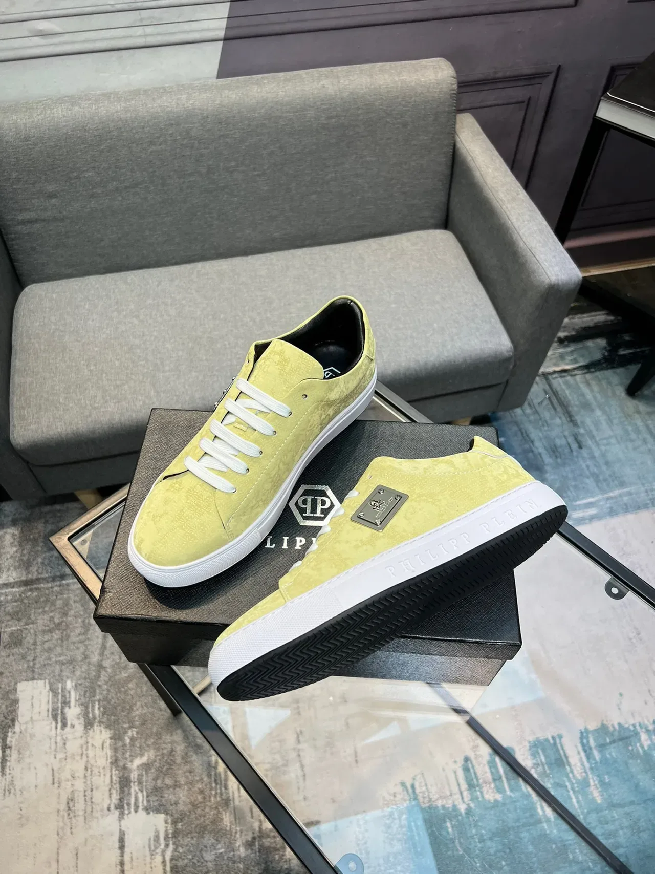 Philipp Plein Yellow White Textured Upper Laces Lifestyle Sneakers 4