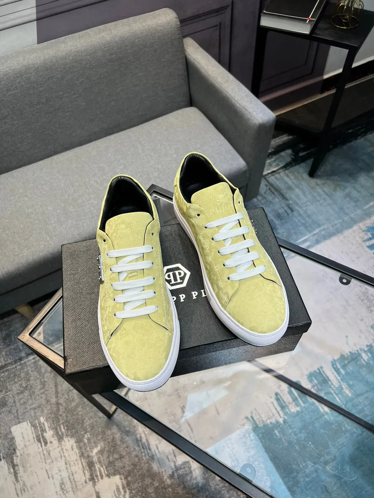 Philipp Plein Yellow White Textured Upper Laces Lifestyle Sneakers 5