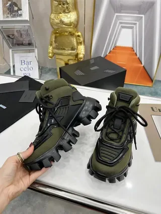 Prada Verde Ejército Negro High-Top Suela Rústica Tacón Lifestyle Sneakers 6