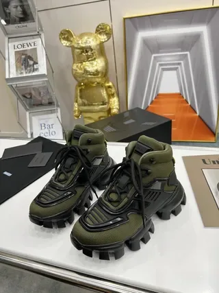 Prada Verde Ejército Negro High-Top Suela Rústica Tacón Lifestyle Sneakers 7