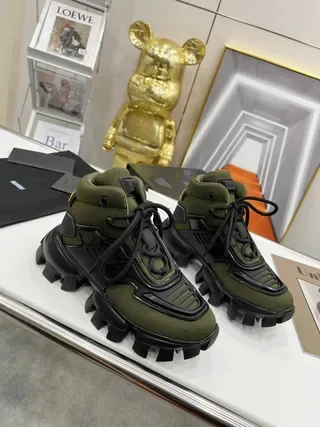 Prada Verde Ejército Negro High-Top Suela Rústica Tacón Lifestyle Sneakers 9