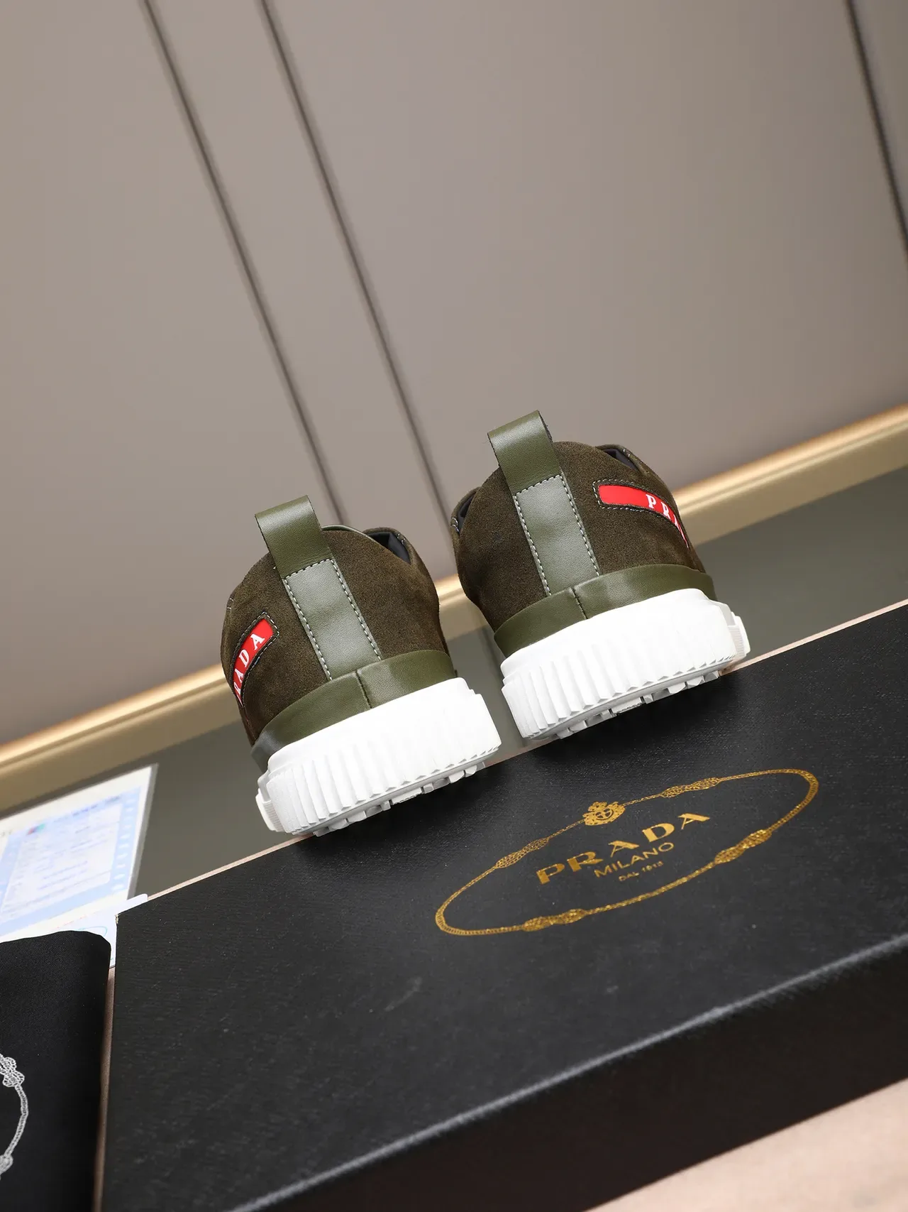 Prada Army Green Red Olive Suede Upper White Ridged Sole Lifestyle Sneakers 3