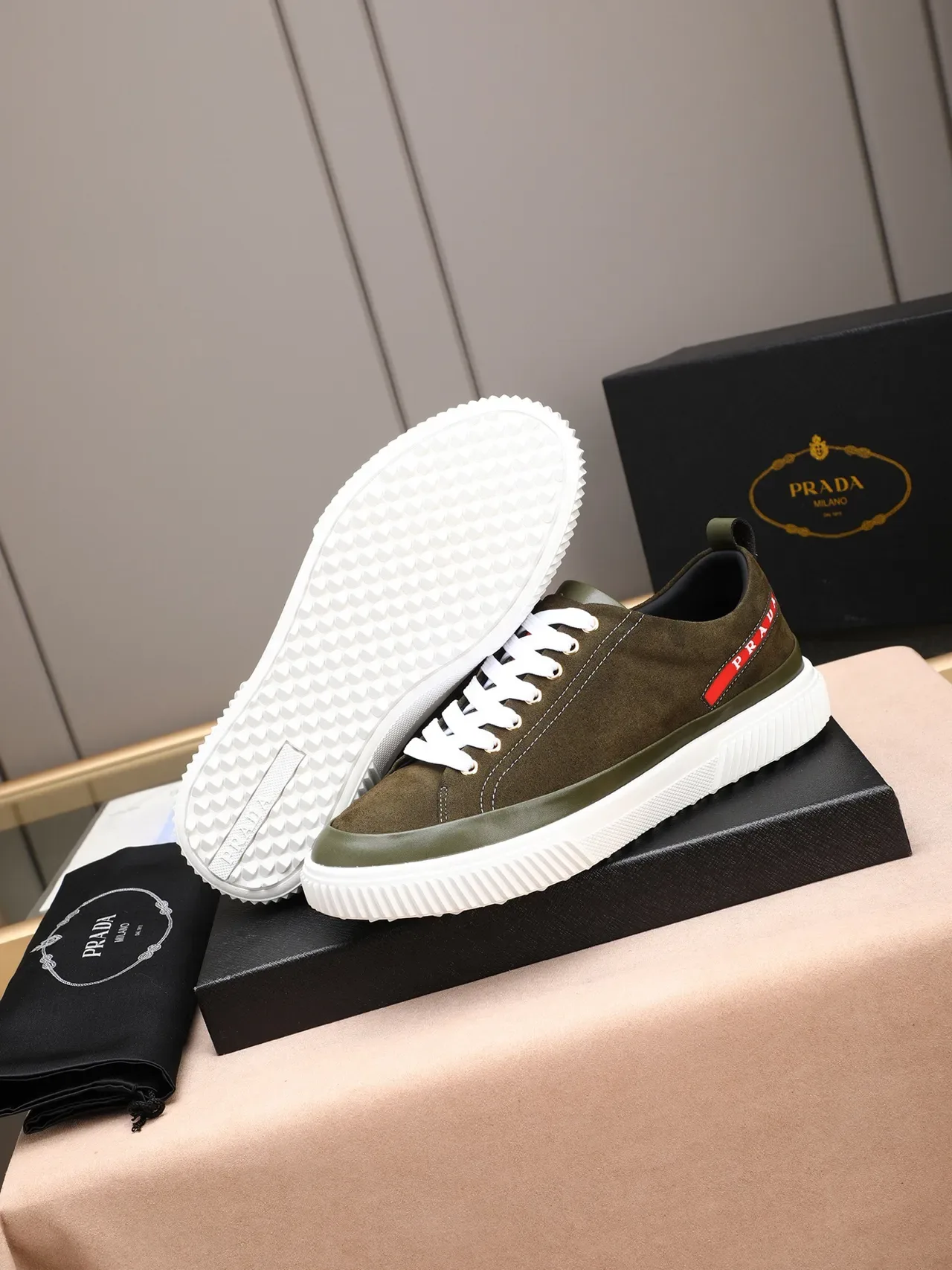 Prada Army Green Red Olive Suede Upper White Ridged Sole Lifestyle Sneakers 4