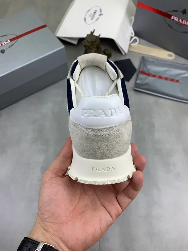Prada Beige Navy Mixed-Material Upper Mesh And Suede Panels Lifestyle Sneakers 4