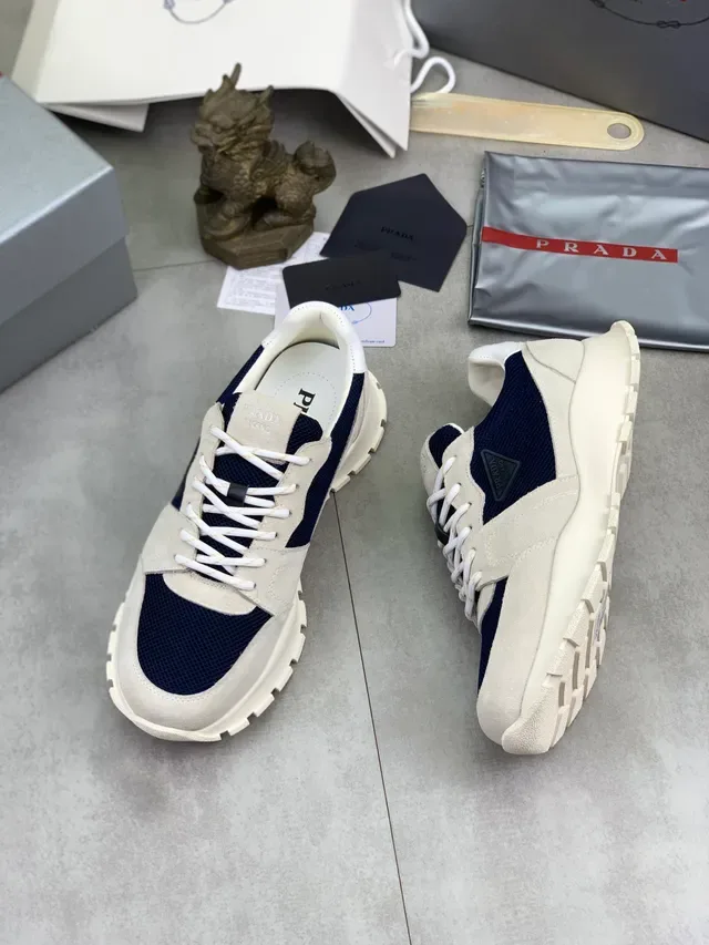 Prada Beige Navy Mixed-Material Upper Mesh And Suede Panels Lifestyle Sneakers 6