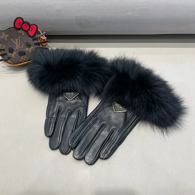 Prada Black Fur Cuff Leather Gloves 2