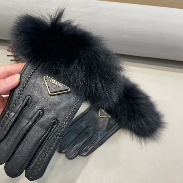 Prada Black Fur Cuff Leather Gloves 3