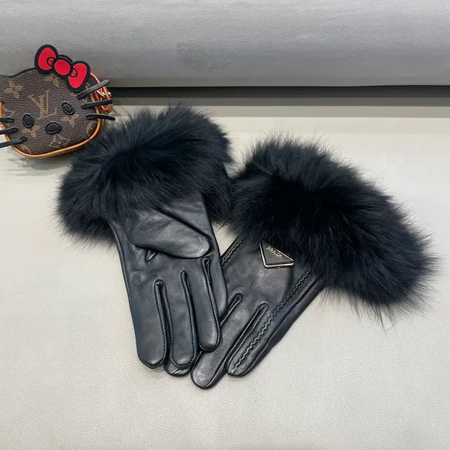 Prada Black Fur Cuff Leather Gloves 4