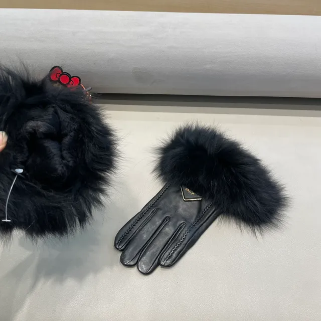 Prada Black Fur Cuff Leather Gloves 5