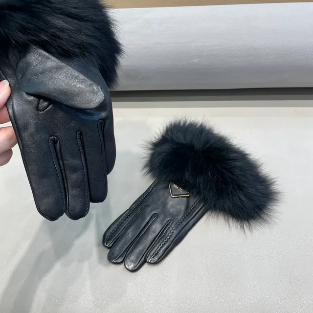 Prada Black Fur Cuff Leather Gloves 6