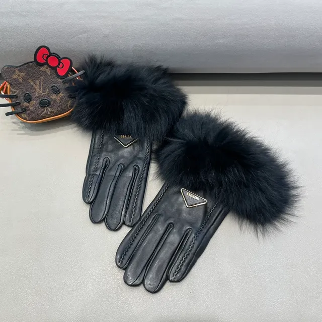 Prada Black Fur Cuff Leather Gloves 7