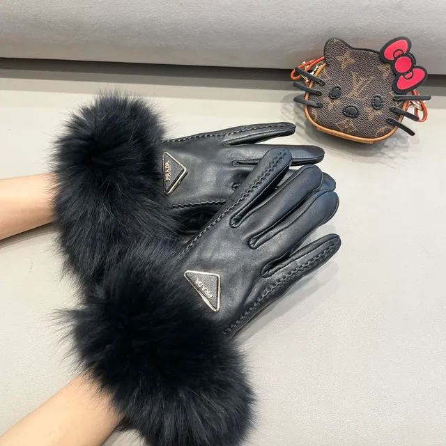 Prada Black Fur Cuff Leather Gloves 8