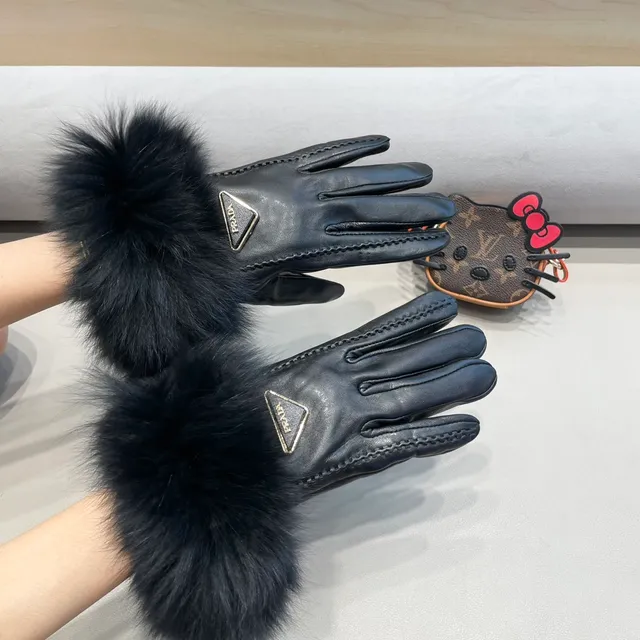 Prada Black Fur Cuff Leather Gloves 9