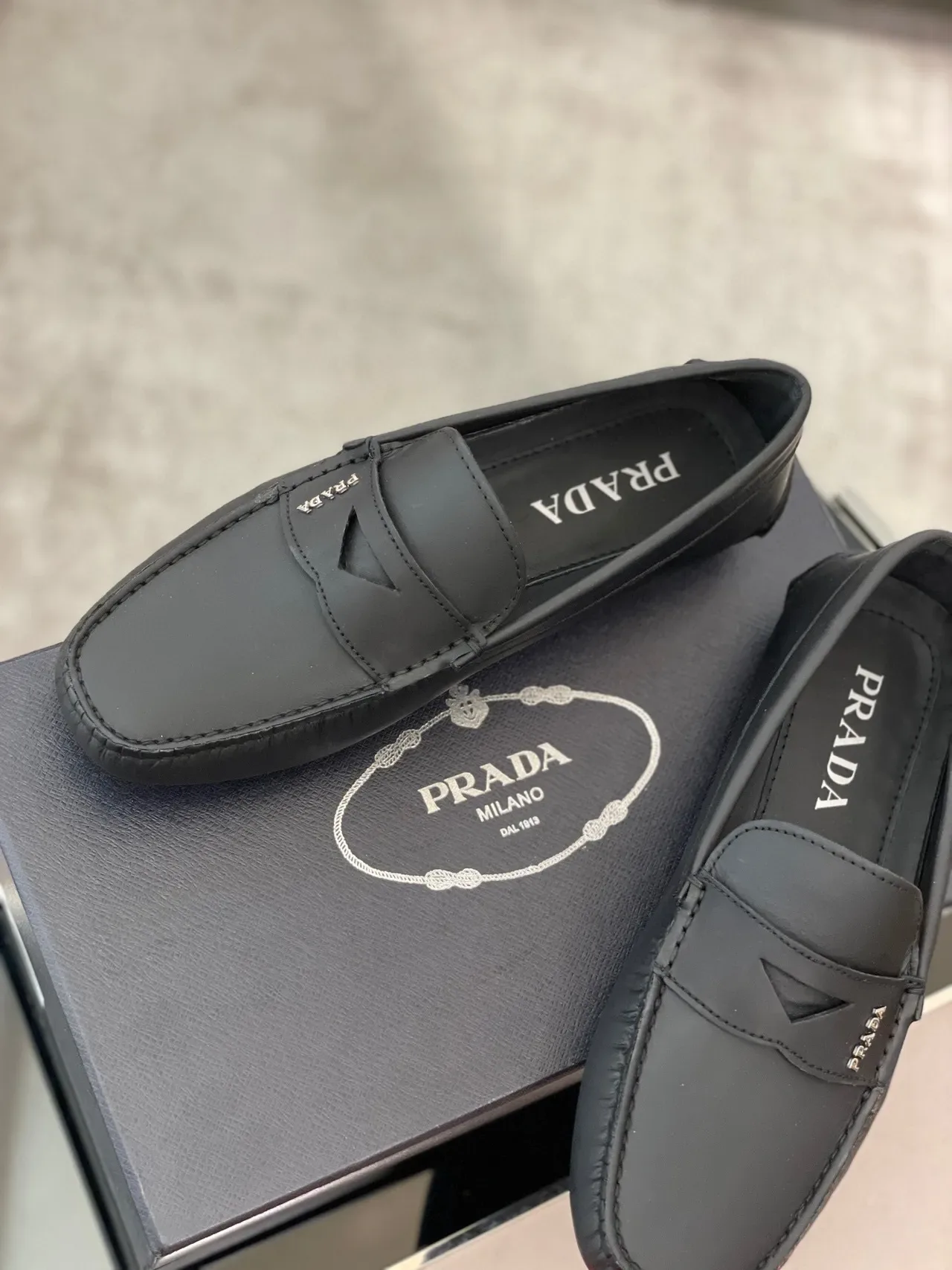 Prada Black Leather Penny Loafer Strap Loafers 2