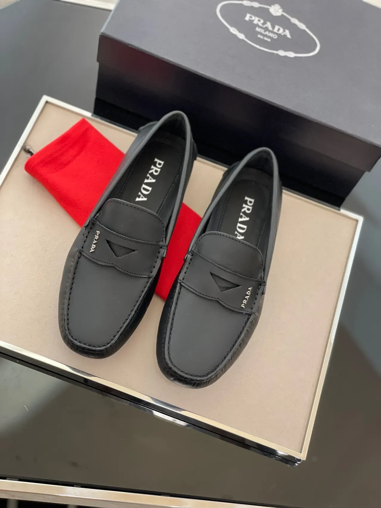 Prada Black Leather Penny Loafer Strap Loafers 4