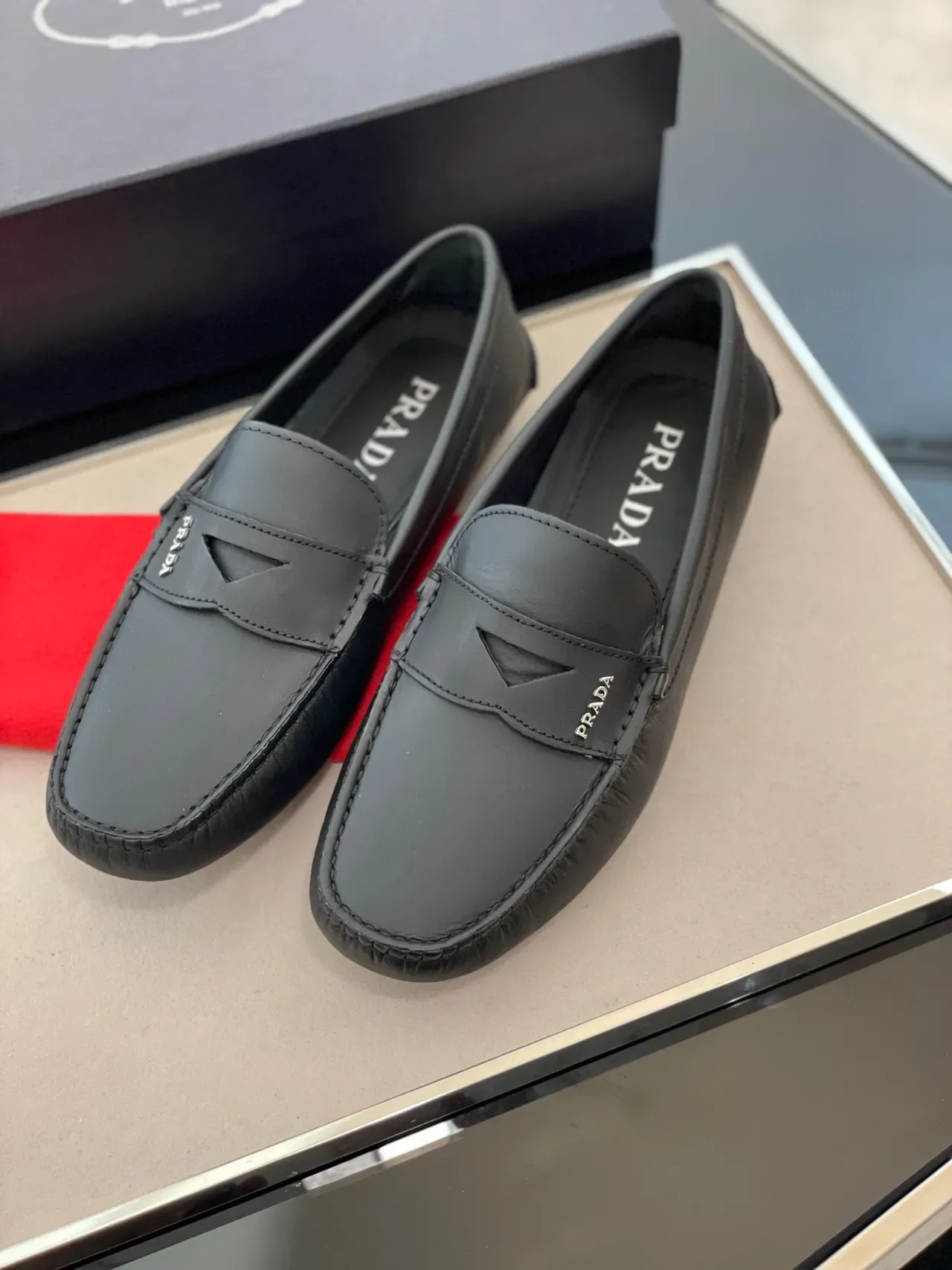 Prada Black Leather Penny Loafer Strap Loafers 7