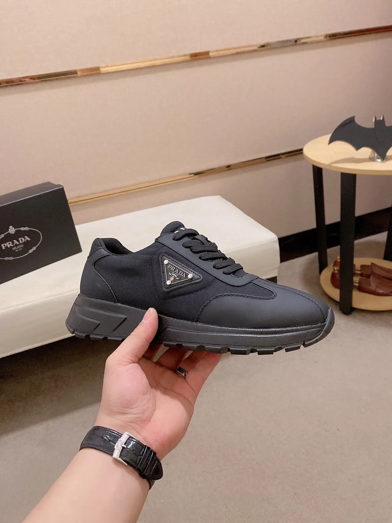 Prada Black Monochrome Mixed-Material Upper Lifestyle Sneakers 3