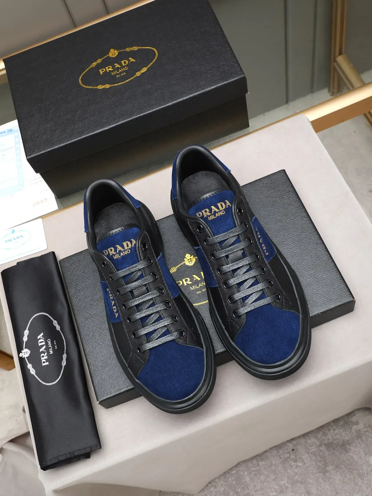 Prada Black Navy Low-Top Leather-Suede Panelled Lifestyle Sneakers 3