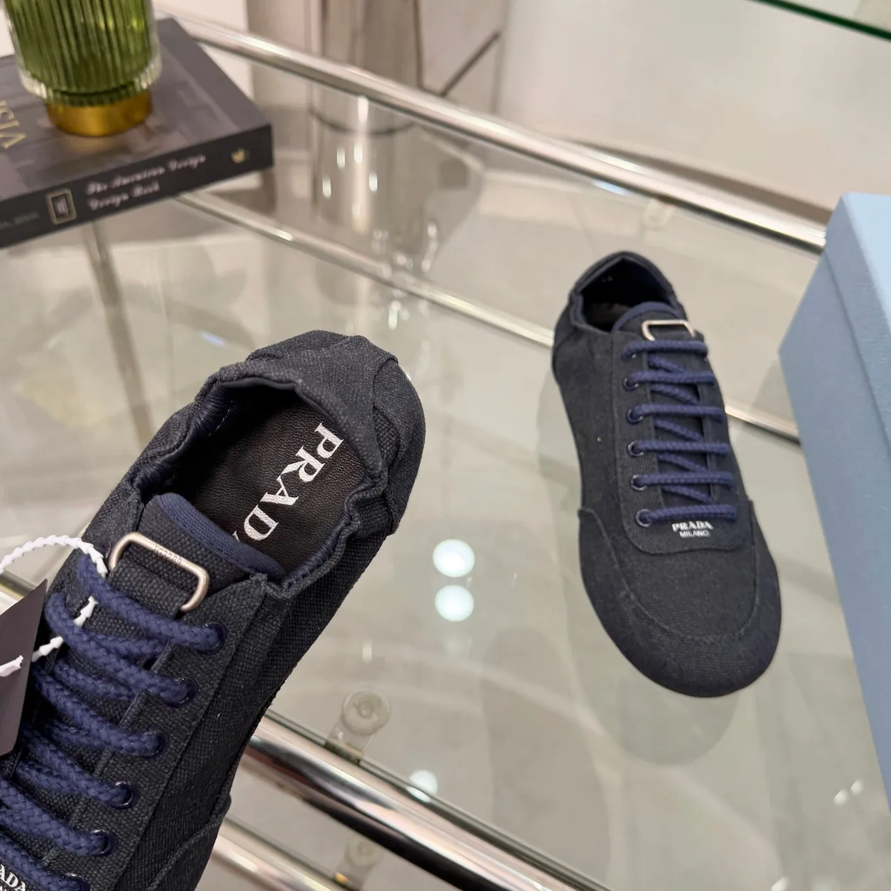 Prada Preto Marinho Tecido Superior Trançado Cordões Lona Sapatos 2