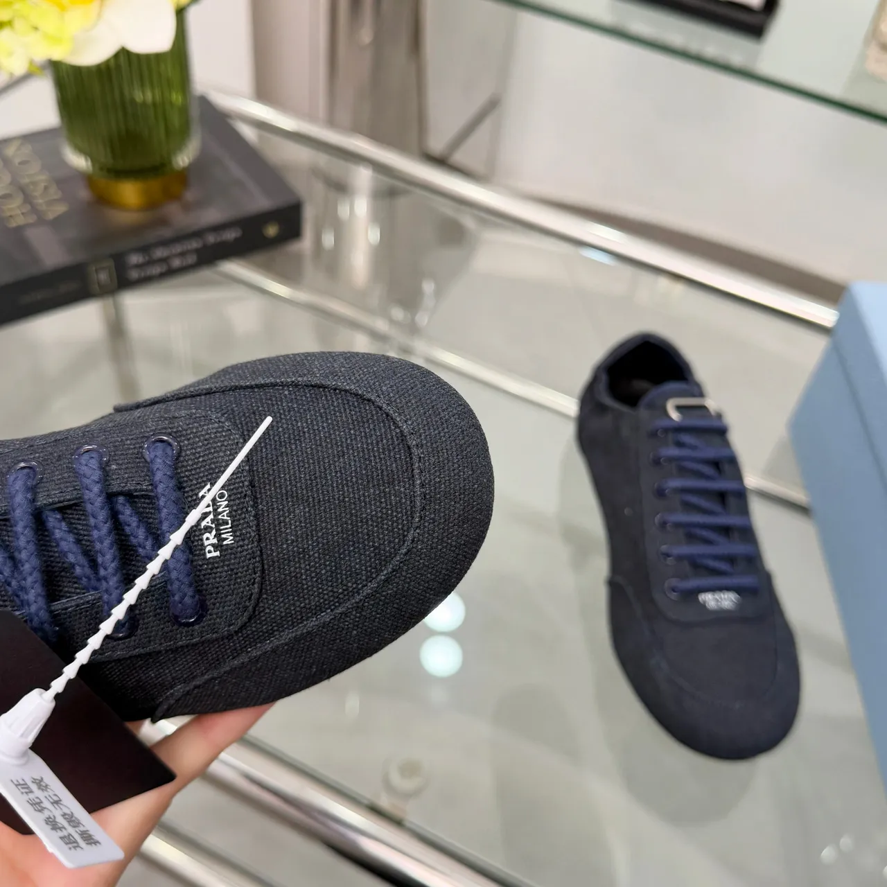 Prada Preto Marinho Tecido Superior Trançado Cordões Lona Sapatos 3