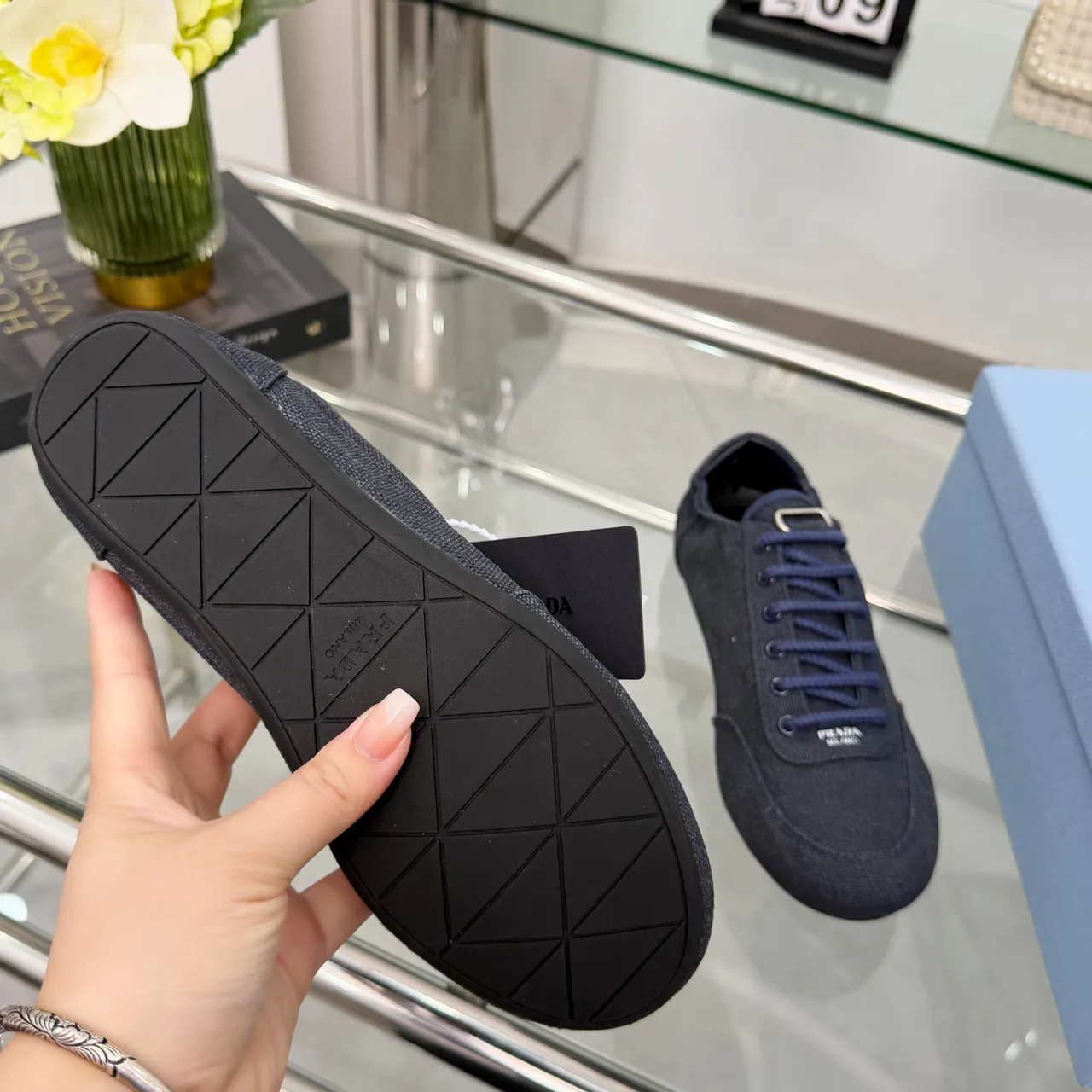 Prada Preto Marinho Tecido Superior Trançado Cordões Lona Sapatos 5