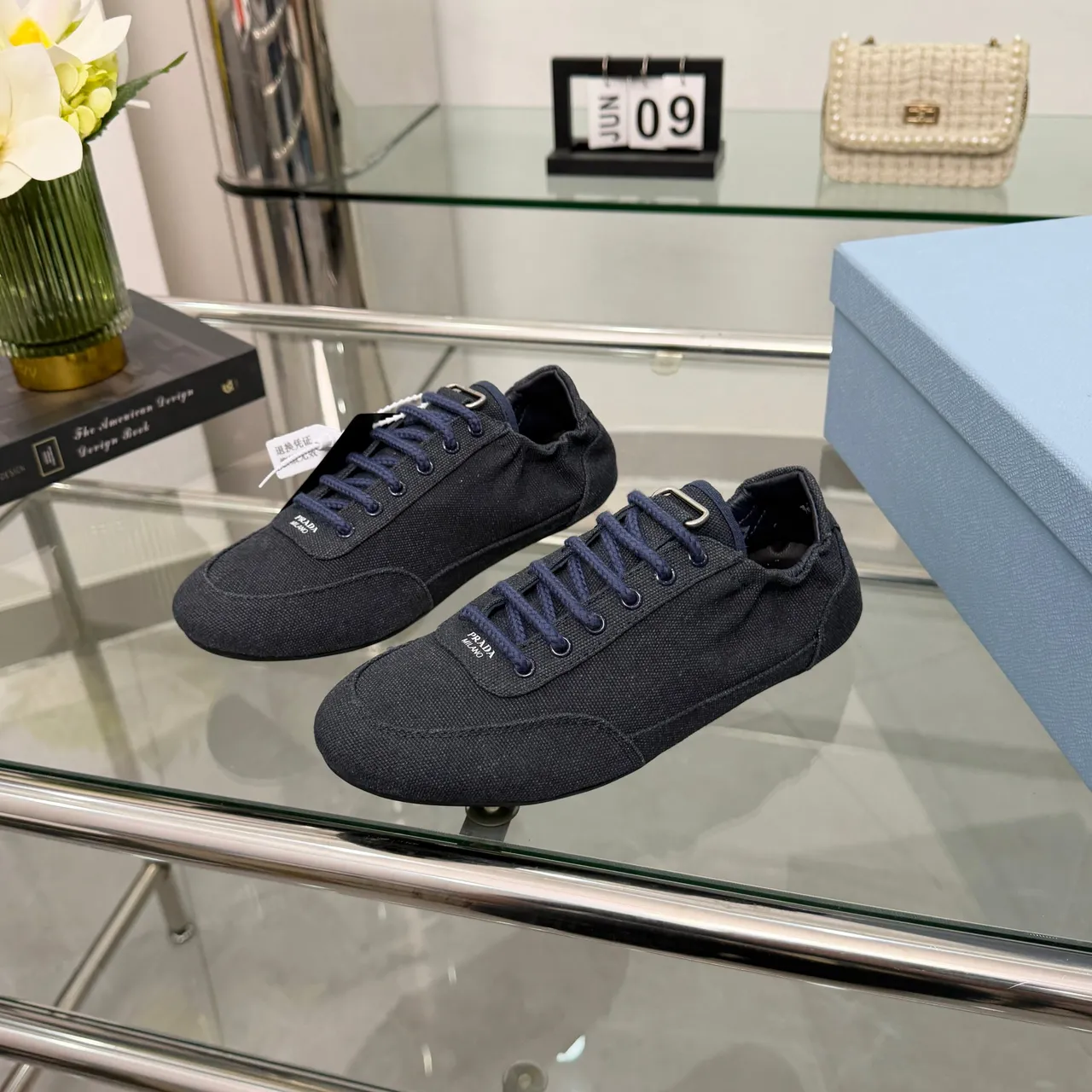 Prada Preto Marinho Tecido Superior Trançado Cordões Lona Sapatos 6