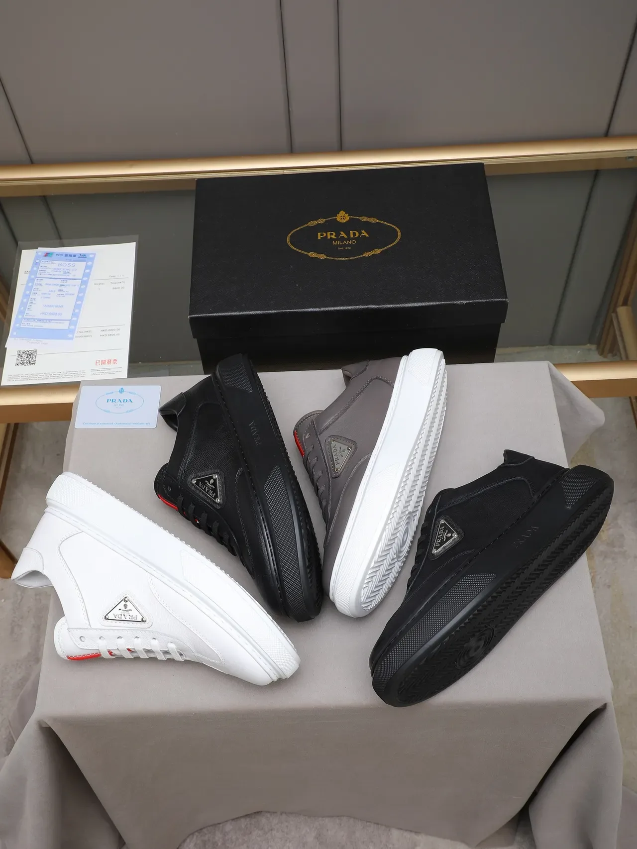 Prada Black Red Pebbled Leather Triangular Metal Logo Patch Lifestyle Sneakers 2