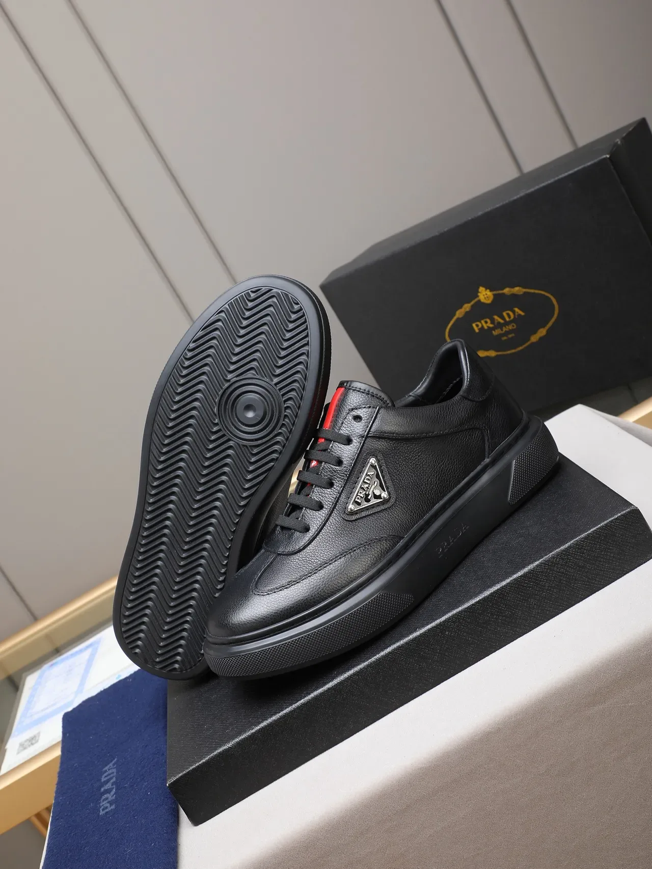 Prada Black Red Pebbled Leather Triangular Metal Logo Patch Lifestyle Sneakers 5