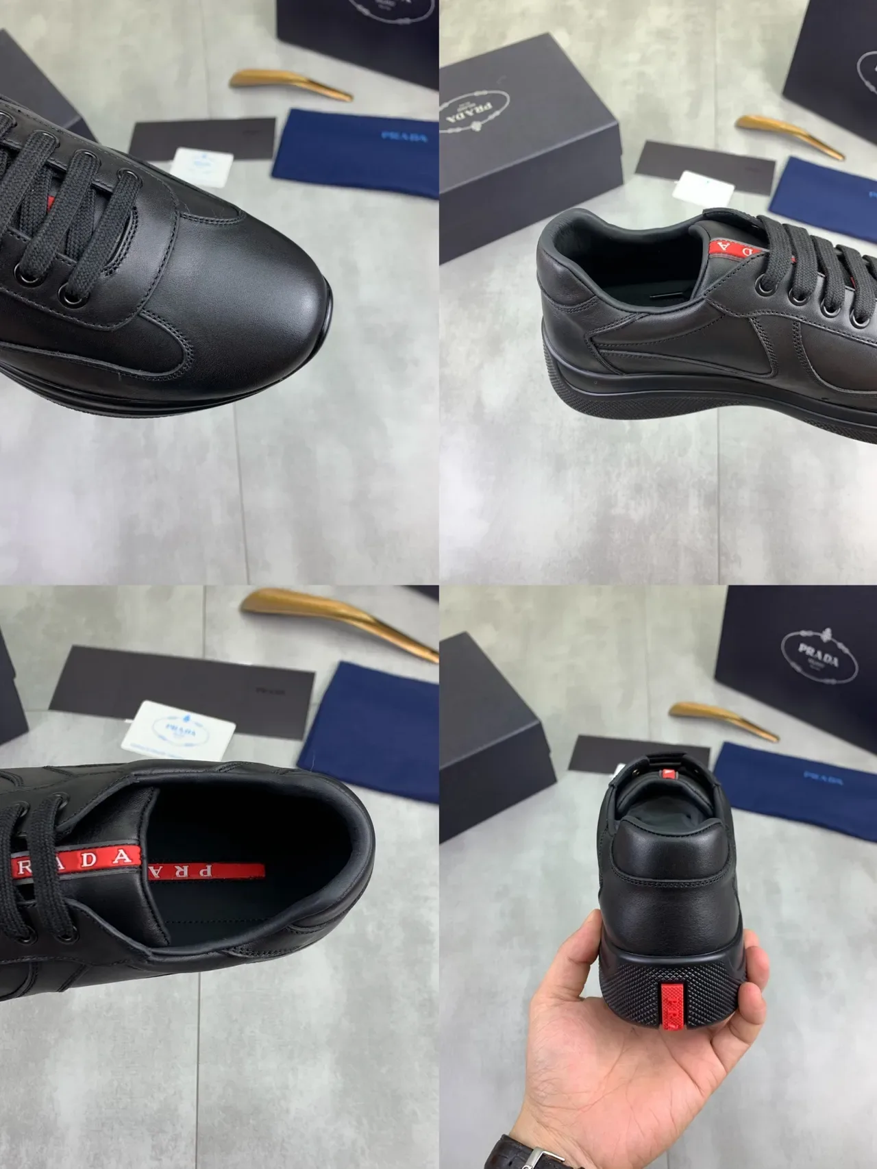 Prada Black Red Smooth Leather V-Panel Stitching Lifestyle Sneakers 2