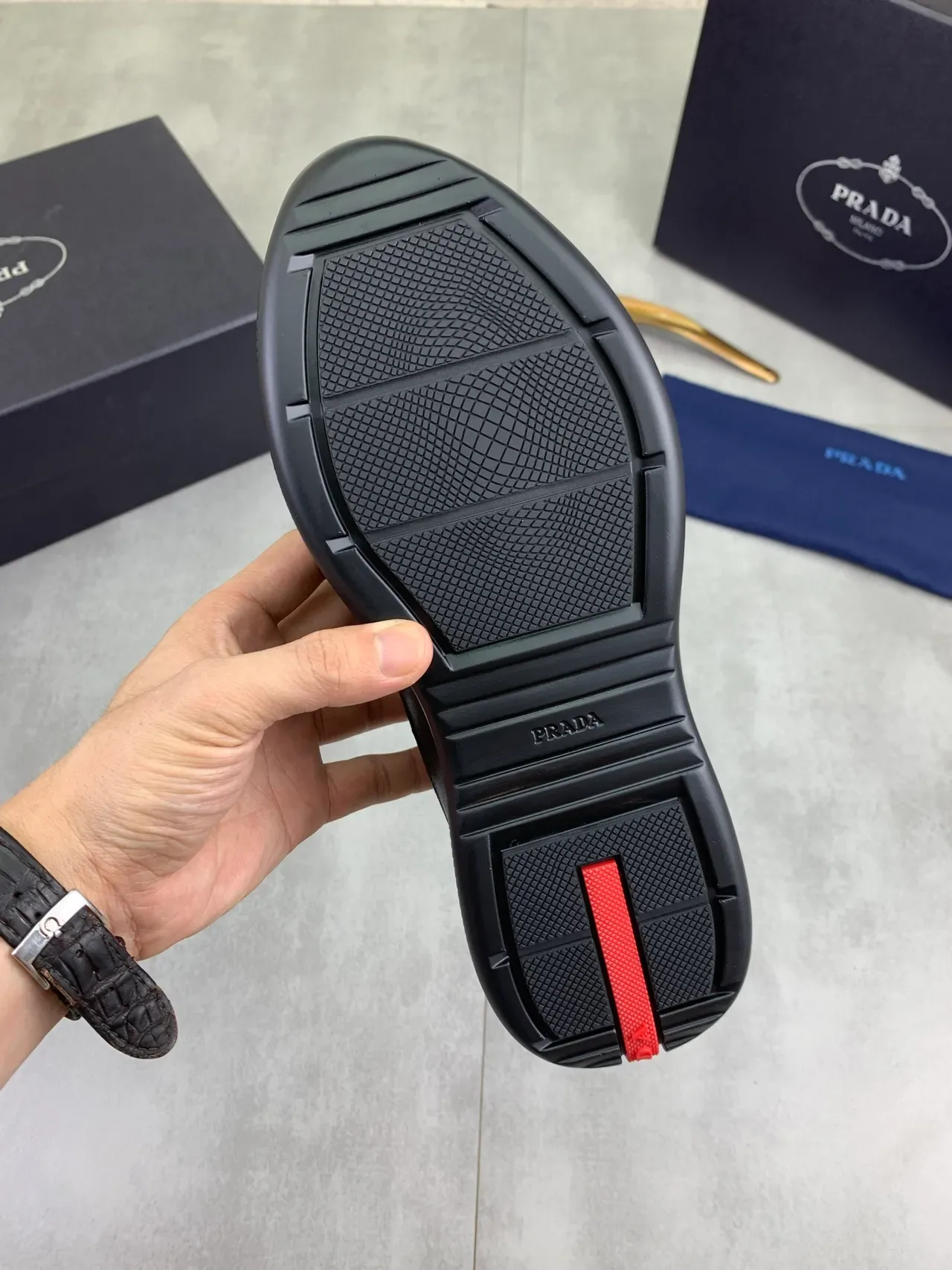 Prada Black Red Smooth Leather V-Panel Stitching Lifestyle Sneakers 3
