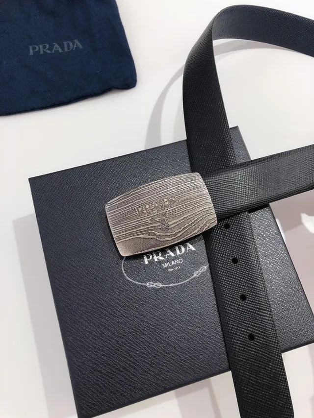 Prada Black Silver Brushed Metal Buckle Wood-Grain Texture Leather Belt 3