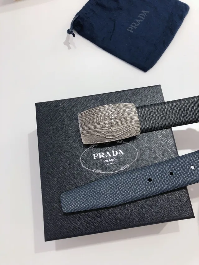 Prada Black Silver Brushed Metal Buckle Wood-Grain Texture Leather Belt 5