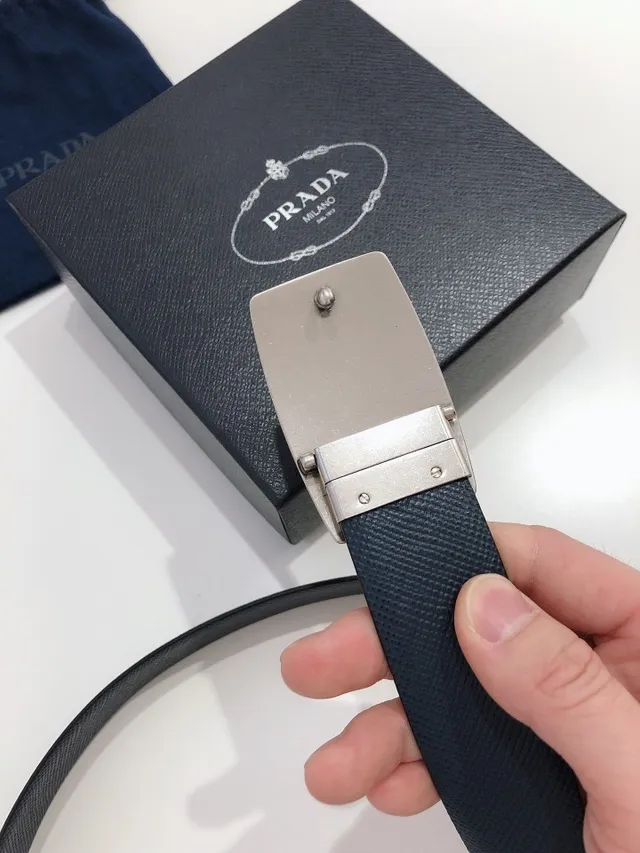 Prada Black Silver Brushed Metal Buckle Wood-Grain Texture Leather Belt 7