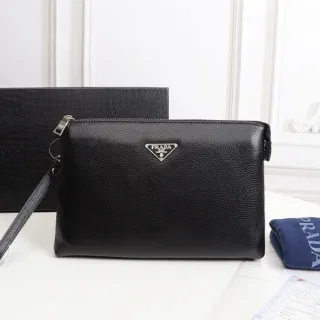 Prada Black Silver Pebbled Leather Zip-Top Closure Envelope Clutch