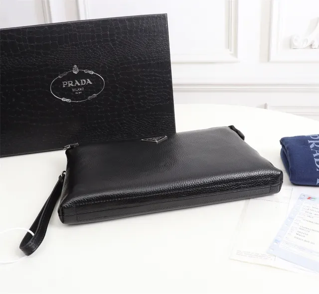 Prada Negro Plata Cuero Granulado Cierre con Cremallera Superior Bolsito Envelope 3