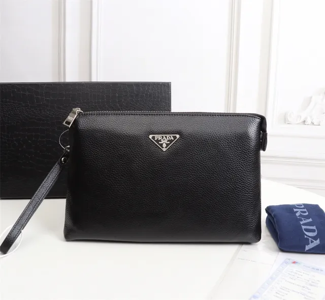 Prada Negro Plata Cuero Granulado Cierre con Cremallera Superior Bolsito Envelope 5