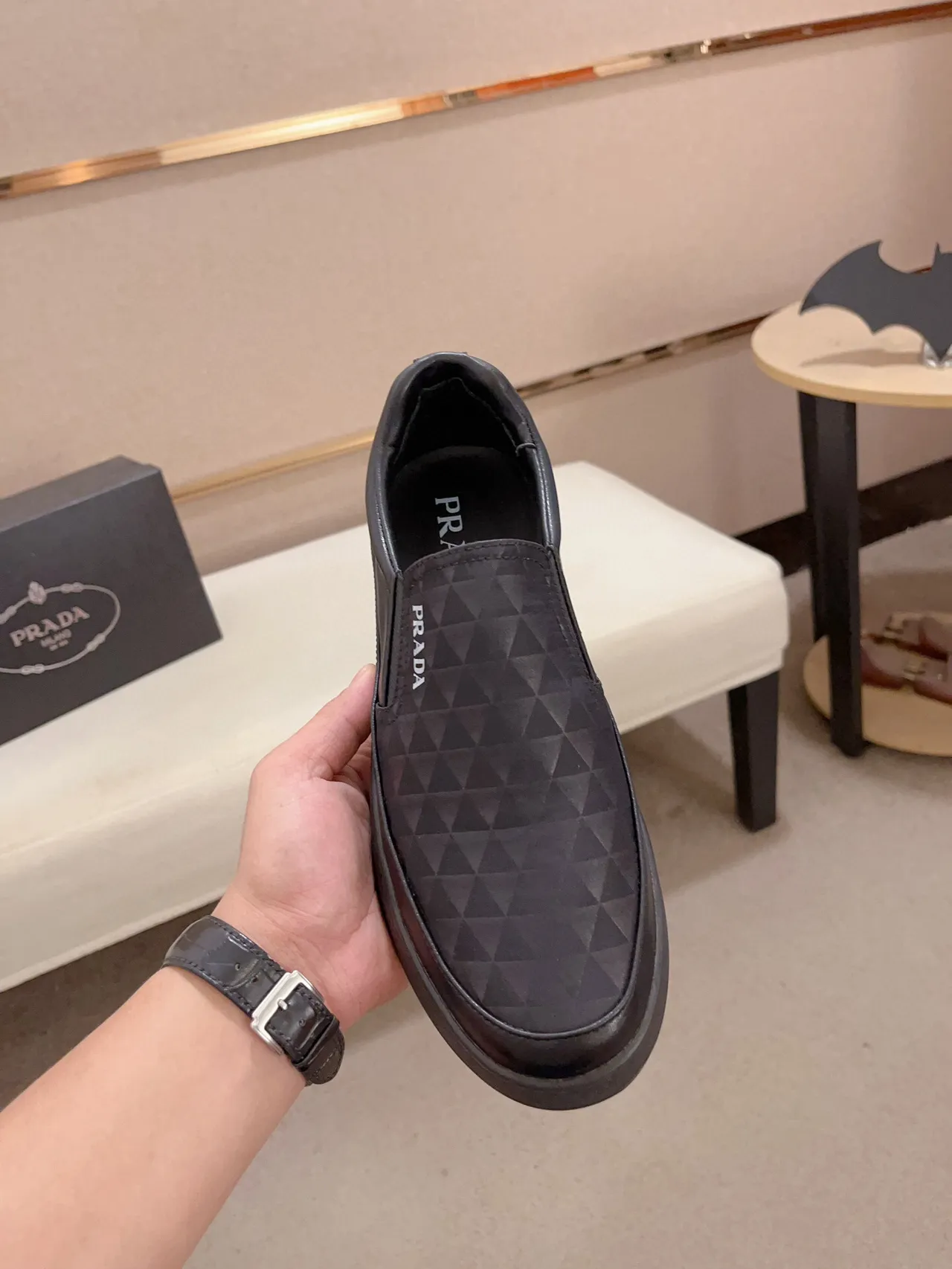 Prada Black Slip-On Textured Geometric Upper Loafer 2