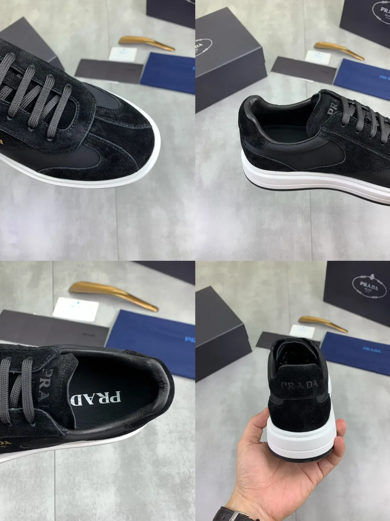 Prada Camurça E Couro Preto Branco Painel Logo Bordado Ouro Lifestyle Sneakers 2
