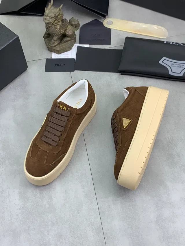 Prada Brown Beige Suede Upper Platform Sole Lifestyle Sneakers 5