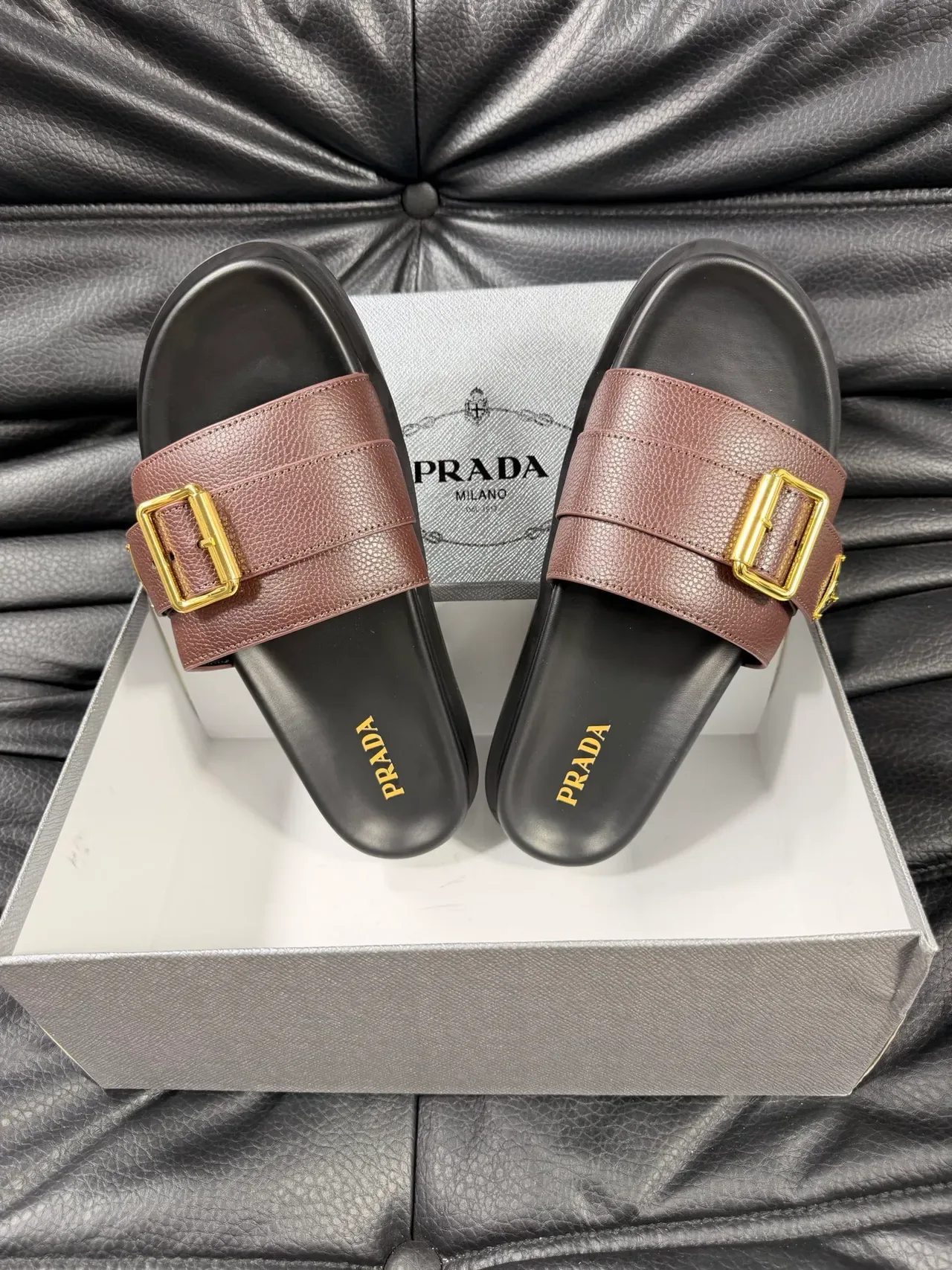 Prada Brown Leather Buckle Strap Slipper 3