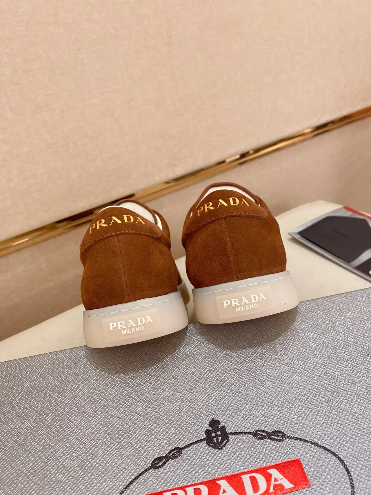 Prada Brown White Suede Upper Triangular Metal Logo Plaque Lifestyle Sneakers 3