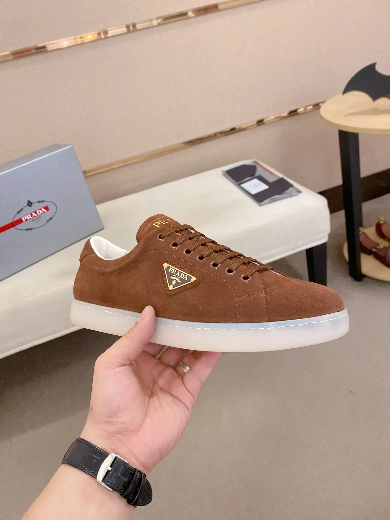 Prada Brown White Suede Upper Triangular Metal Logo Plaque Lifestyle Sneakers 4