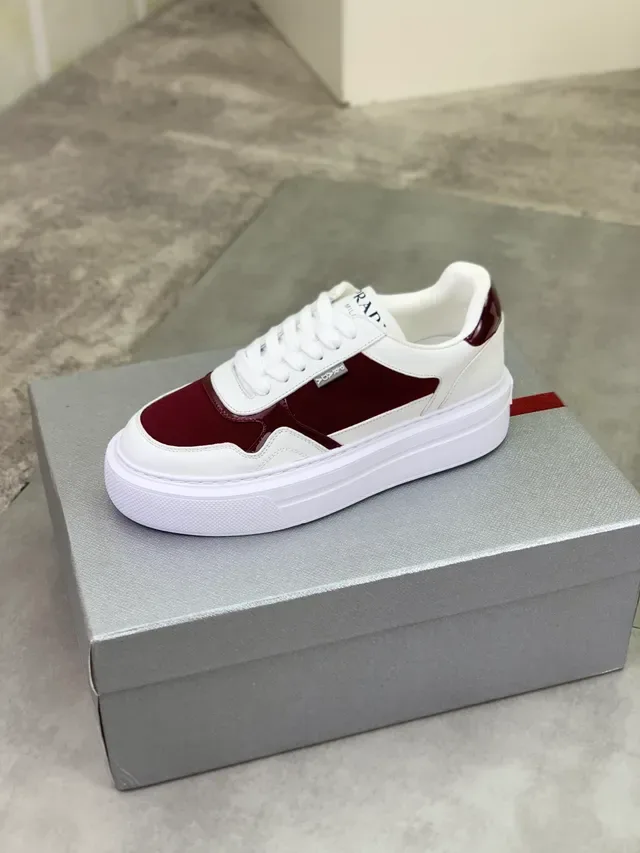 Prada Burgundy White Platform Sole Mixed-Material Upper Lifestyle Sneakers 4