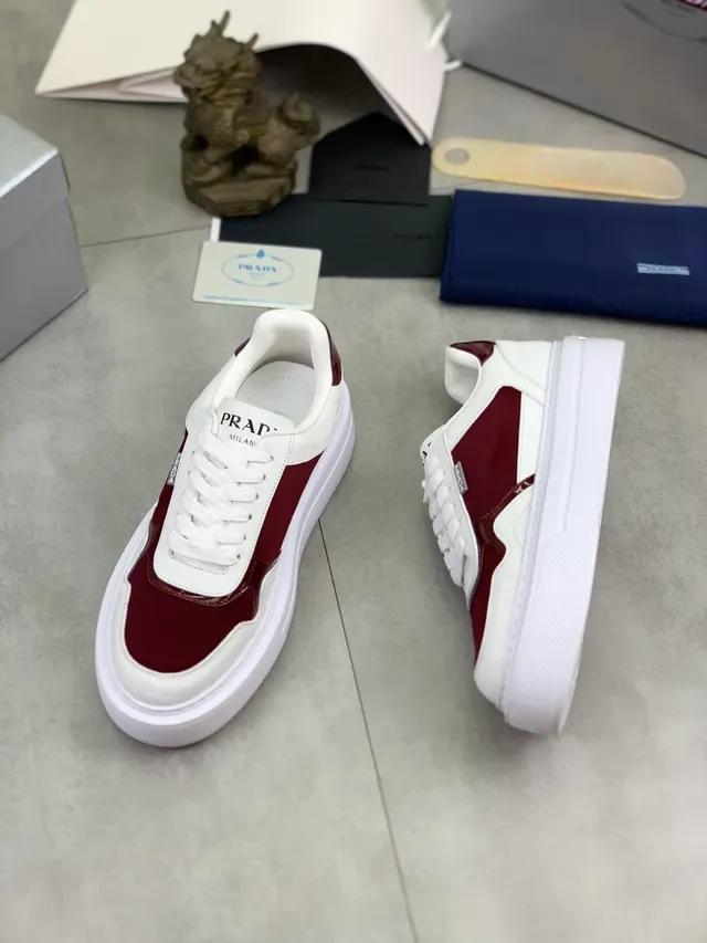 Prada Burgundy White Platform Sole Mixed-Material Upper Lifestyle Sneakers 5