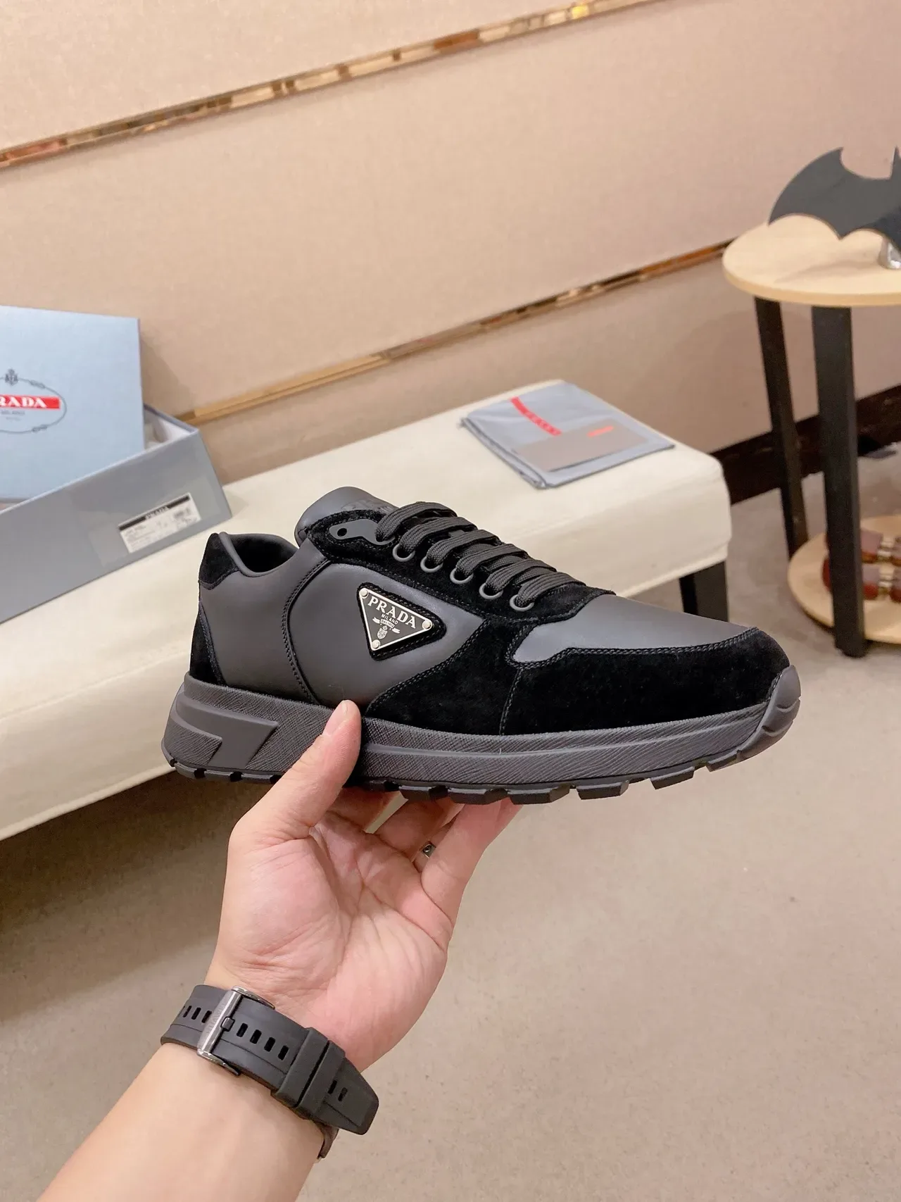 Prada Cloudbust Black and Charcoal Suede Leather Chunky Sneakers 4