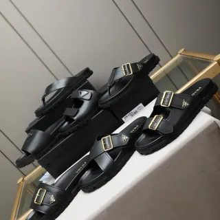 Prada Cloudbust 黑色 双带 金色扣 休闲凉鞋