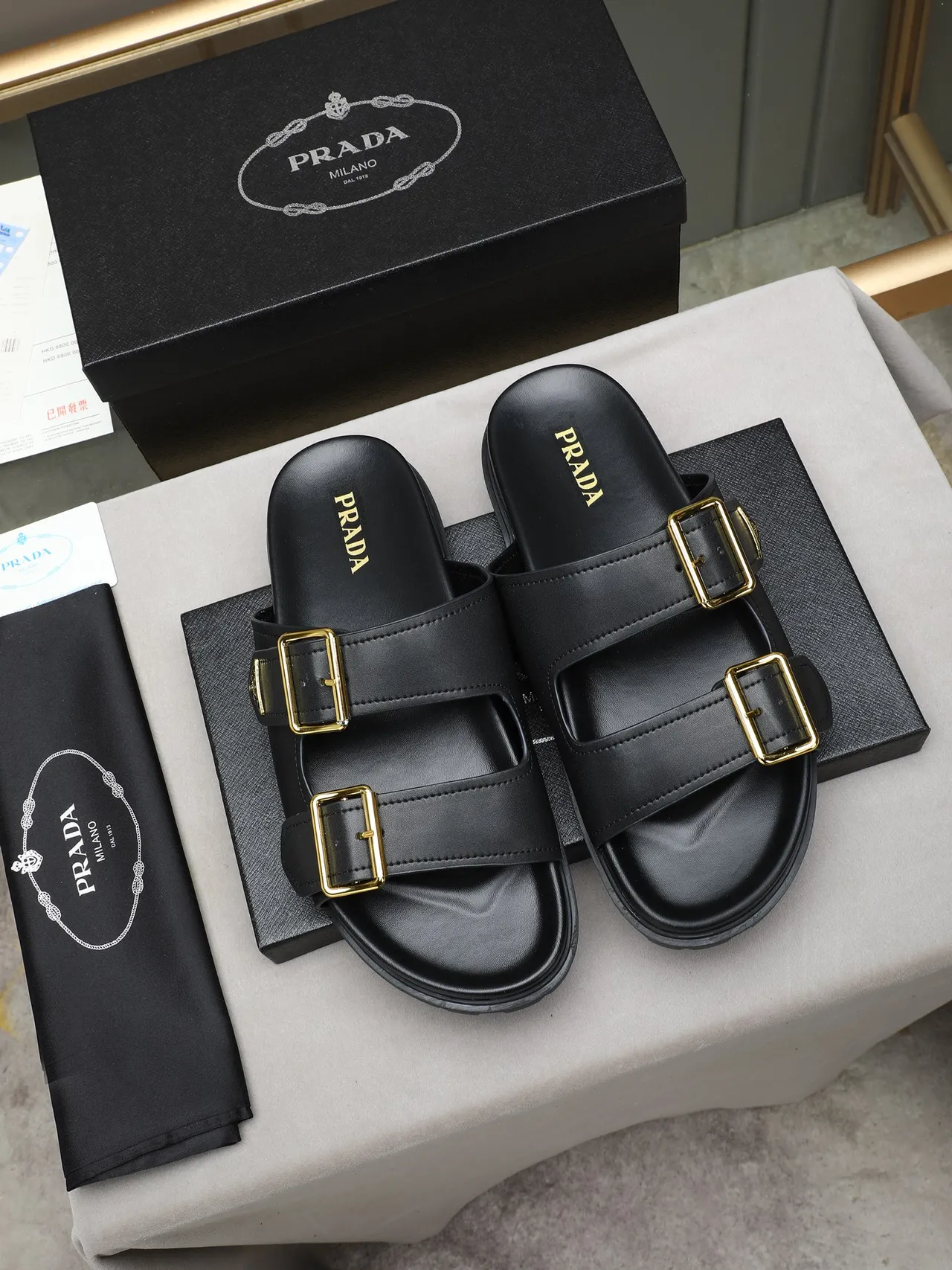 Prada Cloudbust Black Double-Strap Gold Buckle Casual Sandals 2