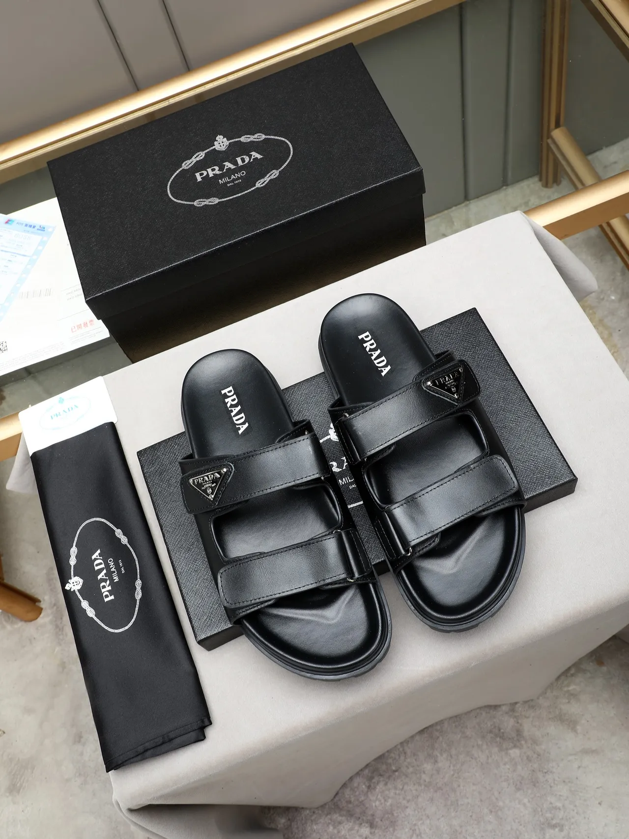 Prada Cloudbust Black Double-Strap Gold Buckle Casual Sandals 3